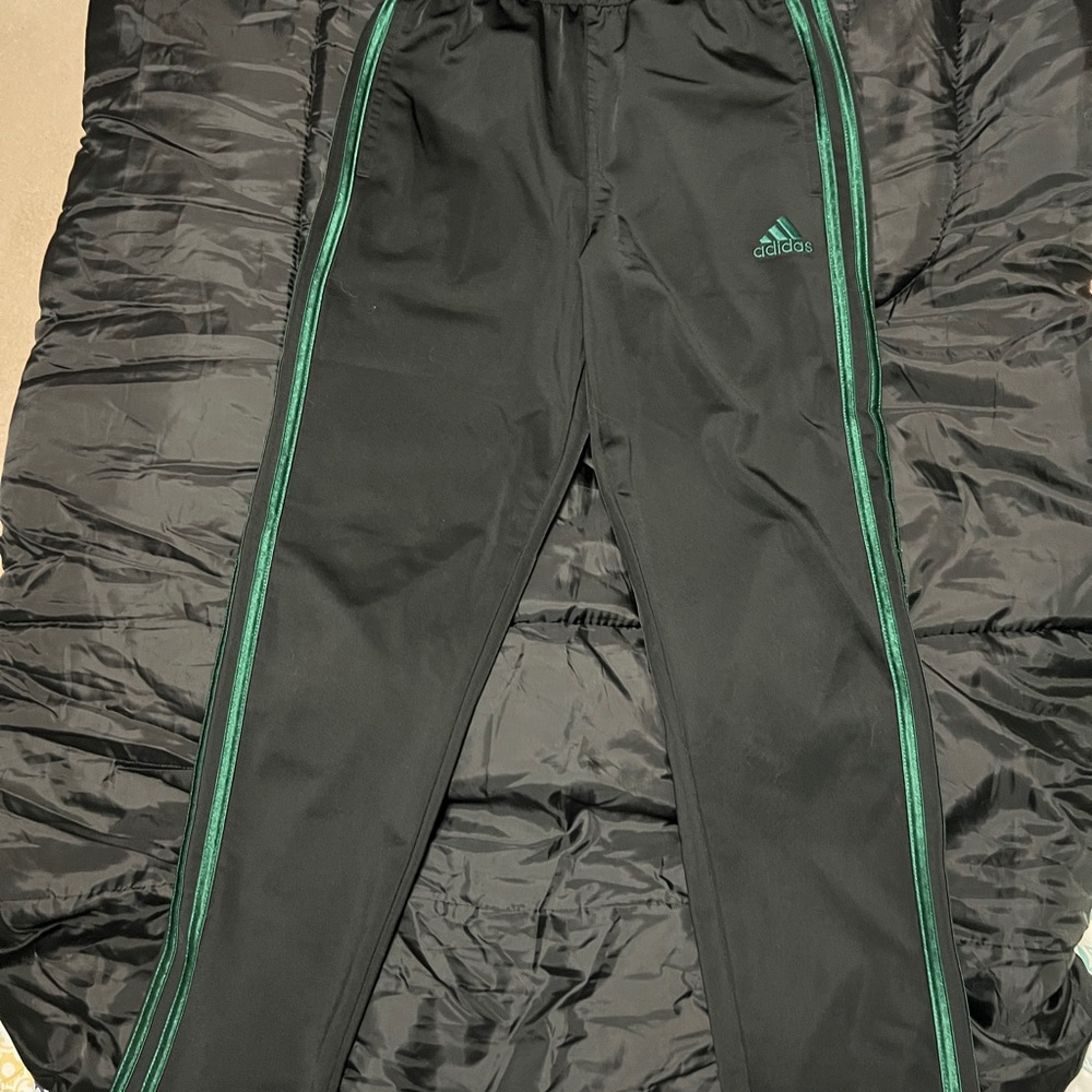 Boys Adidas Black Track Pants with Green Stripes